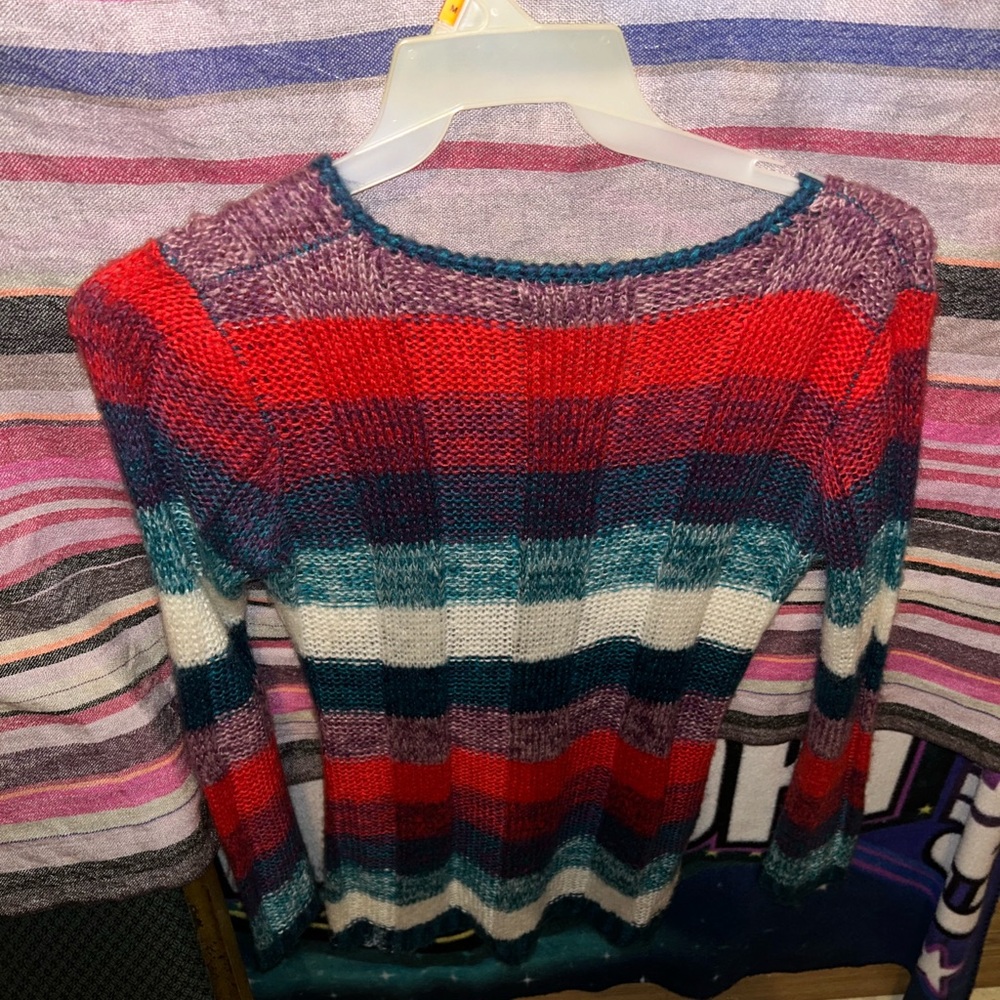 Striped V-Neck Sweater in Red and Blue
